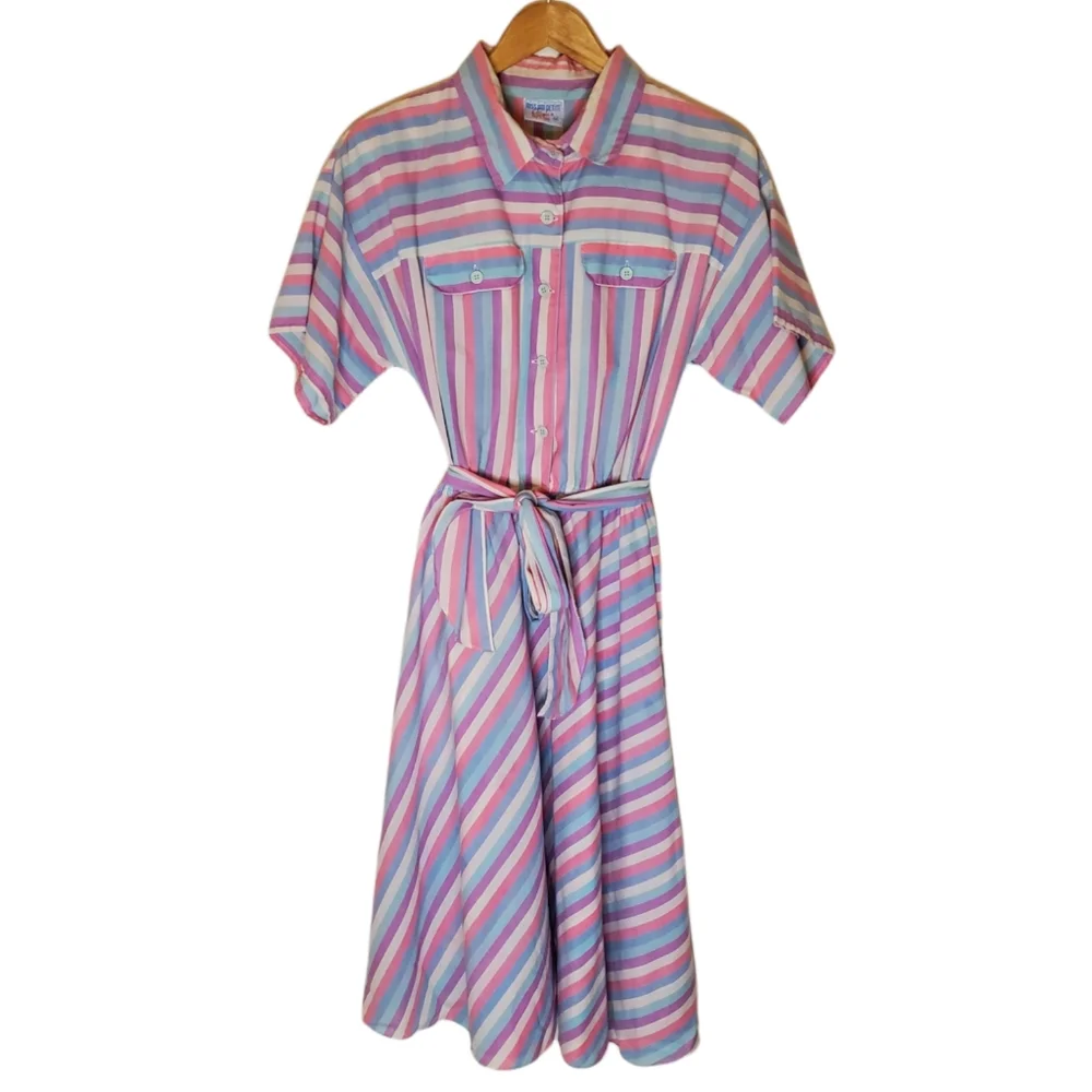 Pink Bubblegum White, Blue and Purple Striped 80s Short Sleeve Shirt Dress - Picture 2 of 15